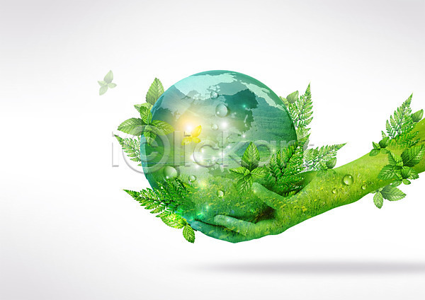 한명 PSD 편집이미지 나뭇잎 물방울 손 자연 지구본 초록색 편집 환경