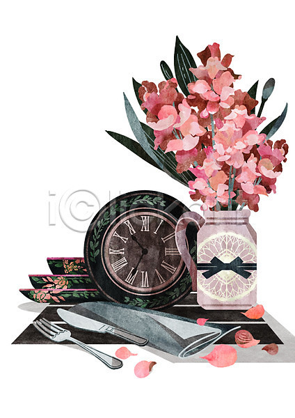 빈티지 사람없음 PSD 일러스트 그릇 꽃 나이프 냅킨 분홍색 시계 유리병 접시 포크