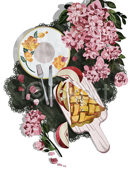 빈티지 사람없음 PSD 일러스트 꽃 나이프 분홍색 사과 식탁보 애플파이 접시 포크