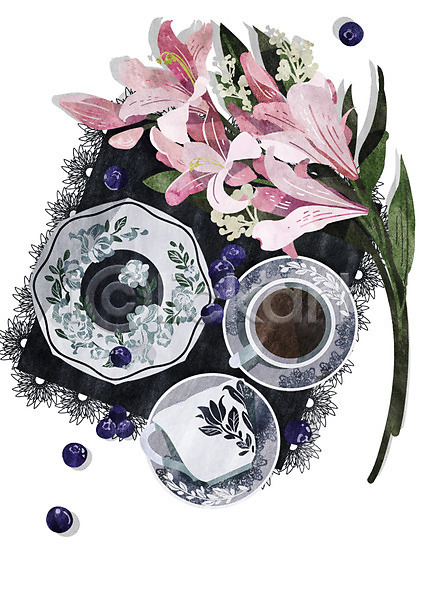 빈티지 사람없음 PSD 일러스트 꽃 백합(꽃) 보라색 분홍색 블루베리 식탁보 접시 찻잔 티세트