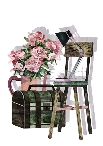 빈티지 사람없음 PSD 일러스트 꽃 꽃병 분홍색 상자 의자 장미 조명
