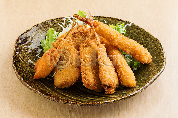 사람없음 JPG 근접촬영 포토 꼬치 돼지고기 새우튀김 실내 음식 일본음식 접시 튀김