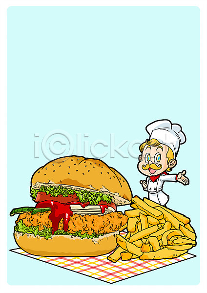 남자 성인 한명 PSD 일러스트 감자튀김 요리사 음식 캐릭터 패스트푸드 햄버거