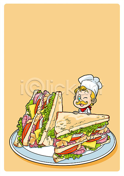 남자 성인 한명 PSD 일러스트 샌드위치 요리사 음식 채소 치즈 캐릭터 토마토 토핑 햄