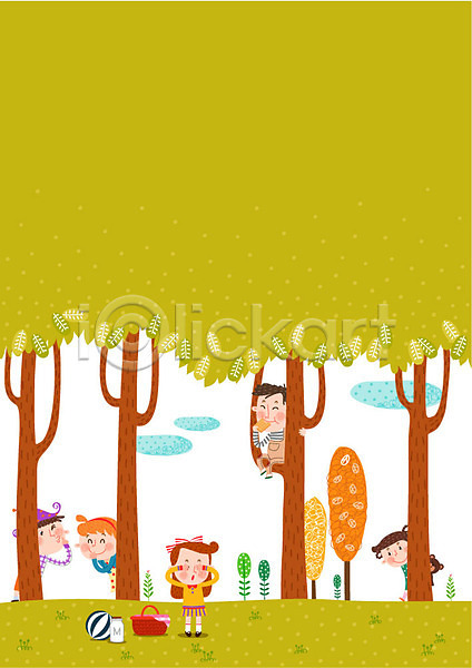 즐거움 남자 어린이 여러명 여자 AI(파일형식) 일러스트 가을(계절) 간식시간 구름(자연) 나무 놀이 바구니 소풍 숨바꼭질 음료 전신