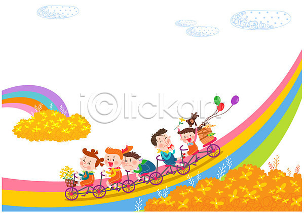 즐거움 남자 어린이 여러명 여자 AI(파일형식) 일러스트 개나리 무지개 무지개다리 바구니 봄 소풍 인형 자전거 풍선