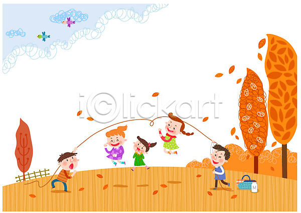 즐거움 남자 어린이 여러명 여자 AI(파일형식) 일러스트 가을(계절) 구름(자연) 낙엽 바구니 소풍 인형 조류 줄넘기