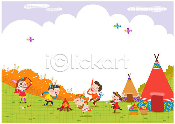 즐거움 남자 어린이 여러명 여자 AI(파일형식) 일러스트 가을(계절) 놀이 모닥불 바구니 소풍 인디언 조류 캠핑장 텐트 화살