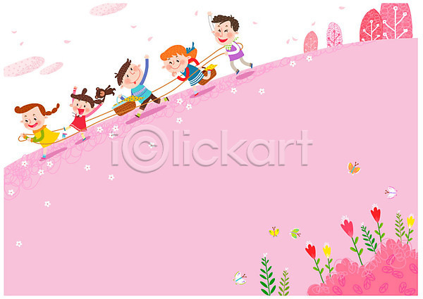 즐거움 남자 어린이 여러명 여자 AI(파일형식) 일러스트 기차놀이 꽃잎 나비 놀이 바구니 분홍색 소풍 인형