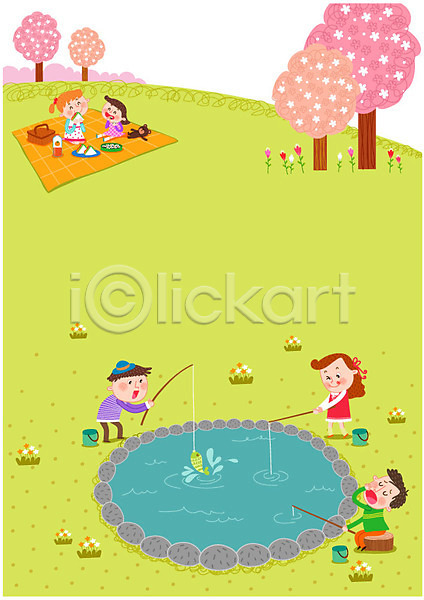 즐거움 체험 남자 어린이 여러명 여자 AI(파일형식) 일러스트 간식시간 낚시 돗자리 물고기밥 바구니 벚꽃 봄 소풍 연못