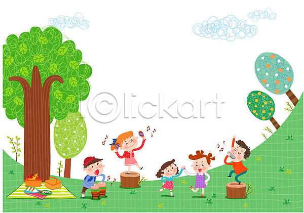 즐거움 남자 어린이 여러명 여자 AI(파일형식) 일러스트 과일 나무 나무밑둥 돗자리 바구니 봄 소풍 악기 연주 춤