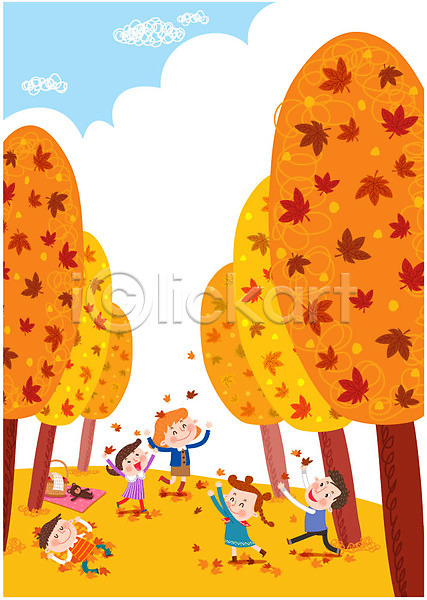 즐거움 남자 어린이 여러명 여자 AI(파일형식) 일러스트 가을(계절) 구름(자연) 단풍 단풍나무 돗자리 바구니 소풍