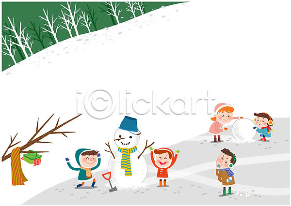 즐거움 남자 어린이 여러명 여자 AI(파일형식) 일러스트 겨울 나뭇가지 놀이 눈사람 목도리 바구니 발자국 소풍
