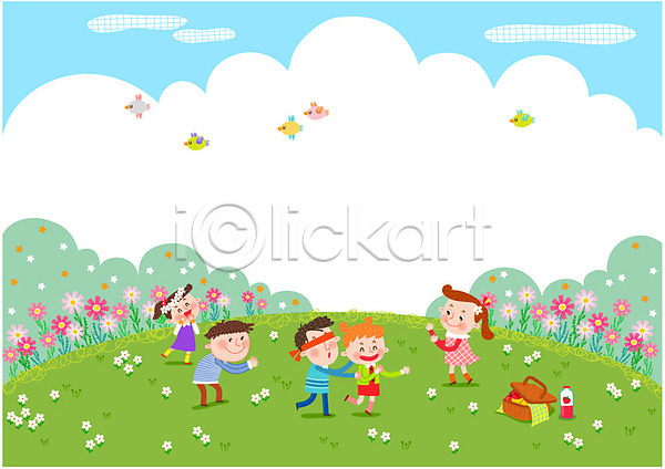 즐거움 남자 어린이 여러명 여자 AI(파일형식) 일러스트 가을(계절) 구름(자연) 바구니 소풍 술래잡기 조류 코스모스(꽃)