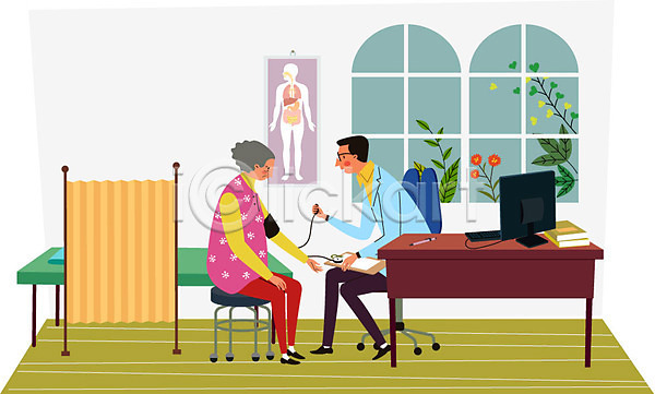 남자 노년 두명 성인 여자 AI(파일형식) 일러스트 가림막 건강 건강검진 병원 식물 앉기 의사 전신 진료 창문 책상 컴퓨터 포스터 혈압 혈압측정 환자