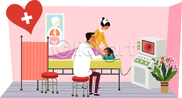 남자 성인 세명 여자 AI(파일형식) 일러스트 간호사 건강 건강검진 기계 내시경 눕기 병원 서기 앉기 의사 전신 진료 하트 화분 환자