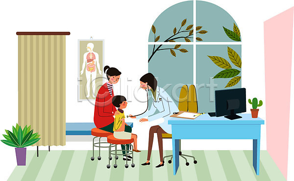 남자 성인 세명 어린이 여자 AI(파일형식) 일러스트 가림막 건강 건강검진 나무 병원 앉기 의사 전신 진료 창문 책상 컴퓨터 포스터 화분 환자