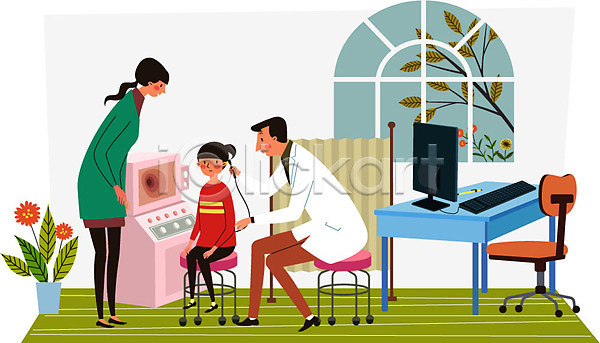 남자 성인 세명 어린이 여자 AI(파일형식) 일러스트 가림막 건강 건강검진 기계 나무 병원 서기 앉기 의사 의자 이비인후과 전신 진료 창문 책상 청력검사 컴퓨터 화분 환자