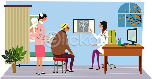 남자 노년 성인 세명 여자 AI(파일형식) 일러스트 가림막 간호사 건강 건강검진 나무 병원 서기 앉기 엑스레이 의사 의자 전신 진료 진료판 창문 책상 컴퓨터 화분 환자