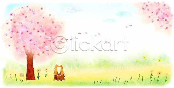 사랑 사람없음 PSD 일러스트 강아지 계절 계절백그라운드 구름(자연) 꽃 나비 두마리 벚꽃 봄 봄배경 초원(자연) 하늘