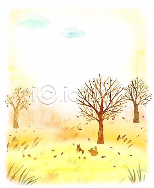 사람없음 PSD 일러스트 가을(계절) 가을배경 갈대(식물) 계절 계절백그라운드 나무 낙엽 다람쥐 도토리 두마리 언덕