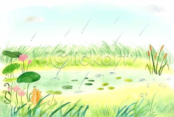 사람없음 PSD 일러스트 강아지 계절 계절백그라운드 두마리 먹구름 물방울 비 여름(계절) 여름배경 연꽃(꽃) 연못 연잎 풀숲