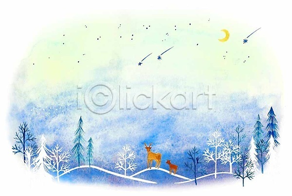사람없음 PSD 일러스트 겨울 겨울배경 계절 계절백그라운드 나무 달 두마리 밤하늘 별 사슴 언덕 유성