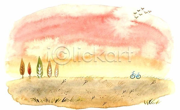 사람없음 PSD 일러스트 가을(계절) 가을배경 계절 계절백그라운드 나무 노을 언덕 여러마리 자전거 철새 초원(자연)