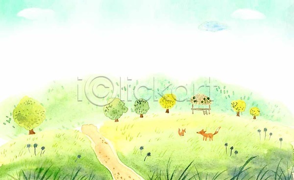 사람없음 PSD 일러스트 계절 계절백그라운드 길 나무 여름(계절) 여름배경 여우 원두막 초원(자연) 풀잎 하늘