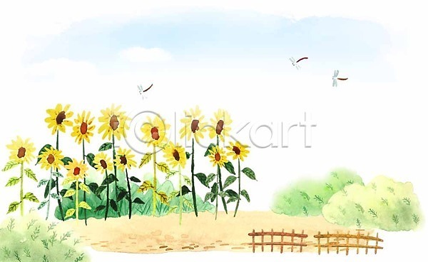 사람없음 PSD 일러스트 계절 계절백그라운드 땅 여름(계절) 여름배경 울타리 잠자리 풀(식물) 하늘 해바라기