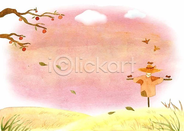 사람없음 PSD 일러스트 가을(계절) 가을배경 감나무 계절 계절백그라운드 구름(자연) 낙엽 언덕 하늘 허수아비