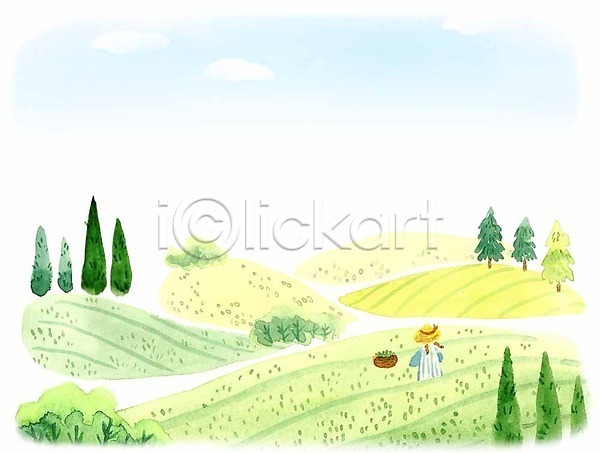 소녀한명만 어린이 여자 한명 PSD 일러스트 계절 계절백그라운드 나무 녹차밭 바구니 상반신 언덕 여름(계절) 여름배경 하늘
