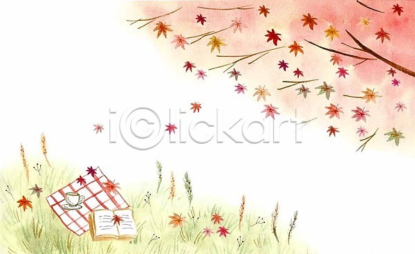 사람없음 PSD 일러스트 가을(계절) 가을배경 계절 계절백그라운드 낙엽 단풍 단풍나무 돗자리 책 초원(자연) 커피