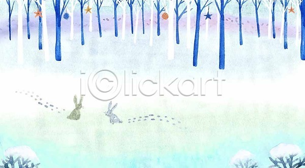 사람없음 PSD 일러스트 겨울 겨울배경 계절 계절백그라운드 나무 눈 두마리 발자국 별장식 토끼
