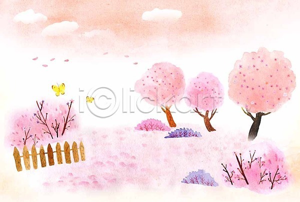 사람없음 PSD 일러스트 계절 계절백그라운드 구름(자연) 꽃잎 나비 벚꽃 봄 봄배경 울타리 정원 풀(식물)