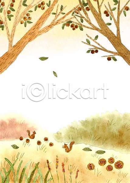 사람없음 PSD 일러스트 가을(계절) 가을배경 계절 계절백그라운드 나무 낙엽 다람쥐 두마리 밤(견과류) 밤송이 숲 풀잎