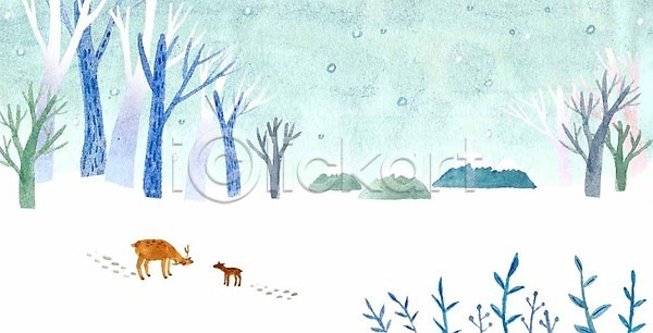 사람없음 PSD 일러스트 겨울 겨울배경 계절 계절백그라운드 나무 눈송이 두마리 발자국 사슴 산 풀(식물)