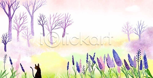 사람없음 PSD 일러스트 계절 계절백그라운드 고양이 구름(자연) 꽃 나무 라벤더 봄 봄배경 숲 풀(식물) 하늘
