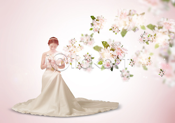 30대 성인 여자 한국인 한명 PSD 편집이미지 결혼 부케 신부(웨딩) 신부복 앉기 웨딩드레스 편집