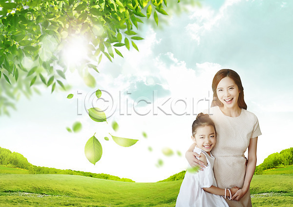 30대 두명 성인 어린이 여자 한국인 PSD 편집이미지 가족 구름(자연) 나뭇잎 딸 상반신 엄마 웃음 잔디 편집 하늘