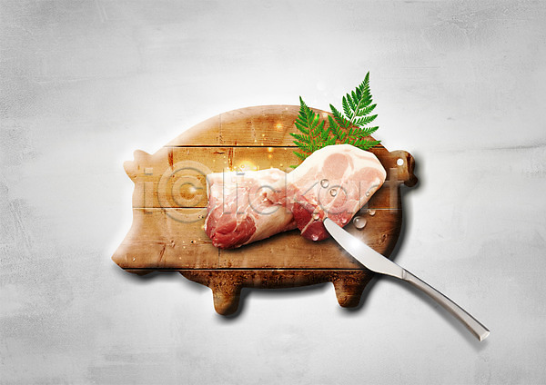 사람없음 PSD 편집이미지 나뭇잎 나이프 돼지 돼지고기 생고기 식재료 육류 편집