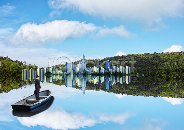 남자 성인 한명 PSD 뒷모습 편집이미지 구름(자연) 나룻배 물그림자 비즈니스 비즈니스맨 빌딩 서기 숲 편집 하늘 호수