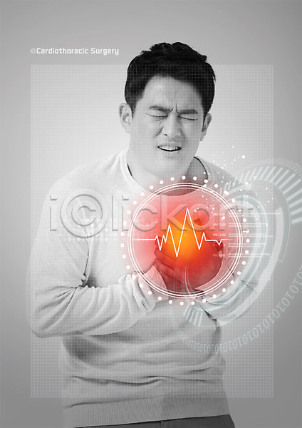 고통 40대 남자 성인 한국인 한명 PSD 편집이미지 가슴통증 눈감음 상반신 심장 의학 질병 찡그림 편집