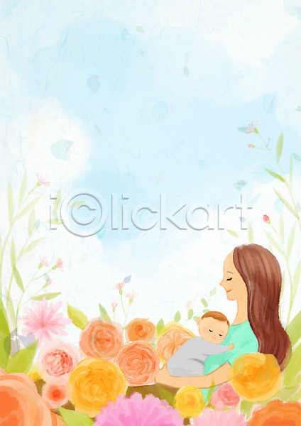 휴식 두명 성인 아기 여자 PSD 일러스트 꽃 꽃밭 상반신 아들 안기 엄마 웃음 자연 하늘