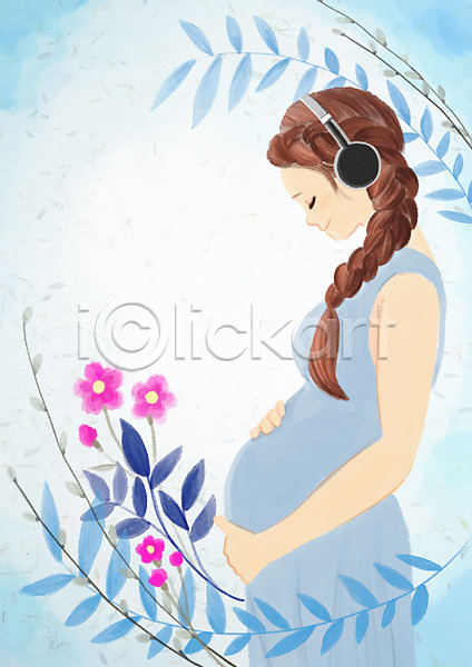 성인 여자 한명 PSD 일러스트 꽃 나뭇잎 상반신 식물 임산부 임신 태교 헤드폰