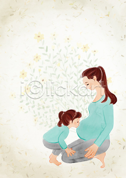 두명 성인 어린이 여자 PSD 일러스트 꽃 딸 배 앉기 엄마 웃음 임산부 임신 전신 키스