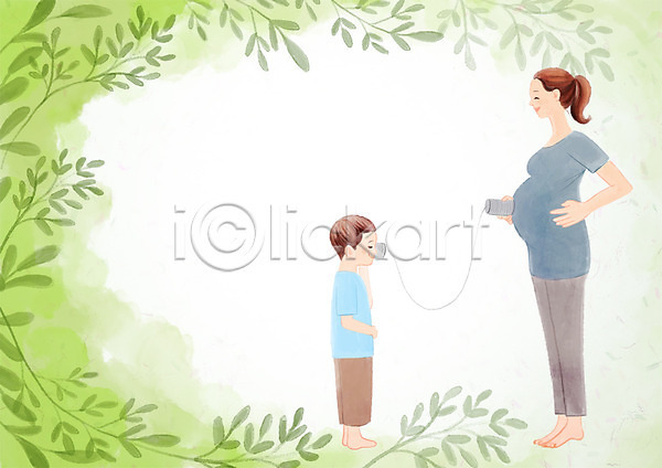 남자 두명 성인 어린이 여자 PSD 일러스트 나뭇잎 듣기 식물 실전화기 아들 엄마 임산부 임신 전신 태동