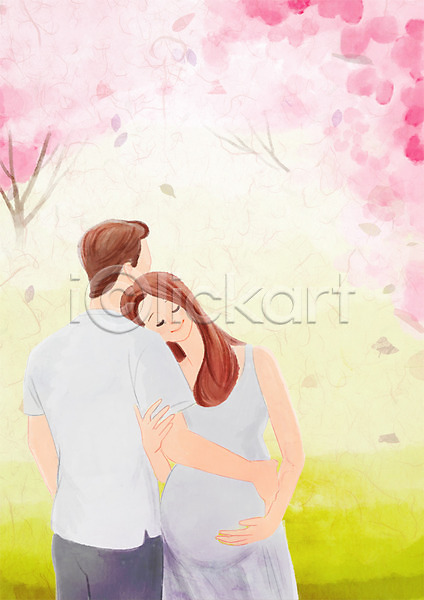 사랑 남자 두명 성인 여자 PSD 일러스트 기댐 나무 부부 분홍색 상반신 서기 임산부 임신 자연 커플