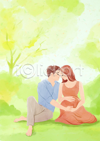 남자 두명 성인 여자 PSD 일러스트 기댐 나무 부부 숲 앉기 웃음 임산부 임신 자연 전신 커플