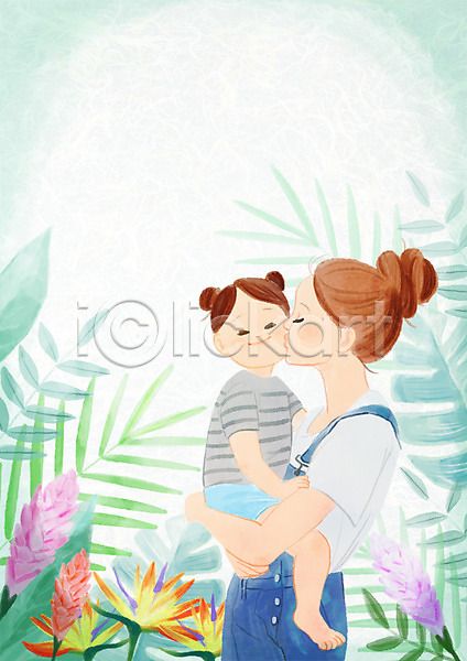 두명 성인 어린이 여자 PSD 일러스트 나뭇잎 딸 상반신 식물 안기 엄마 열대식물 전신 키스